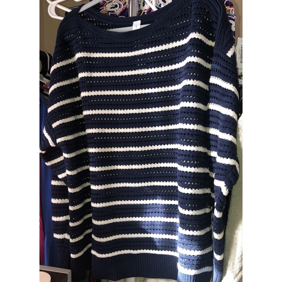 LULULEMON Cotton Crochet Mesh Pullover Sweater Navy Blue White Stripe XL NWT - Picture 14 of 14